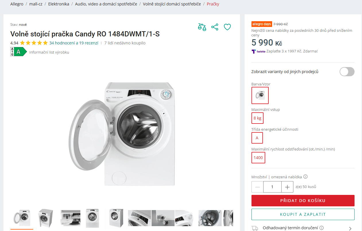 Pračka Candy 8 kg, 1400 ot., A, Wifi, BT